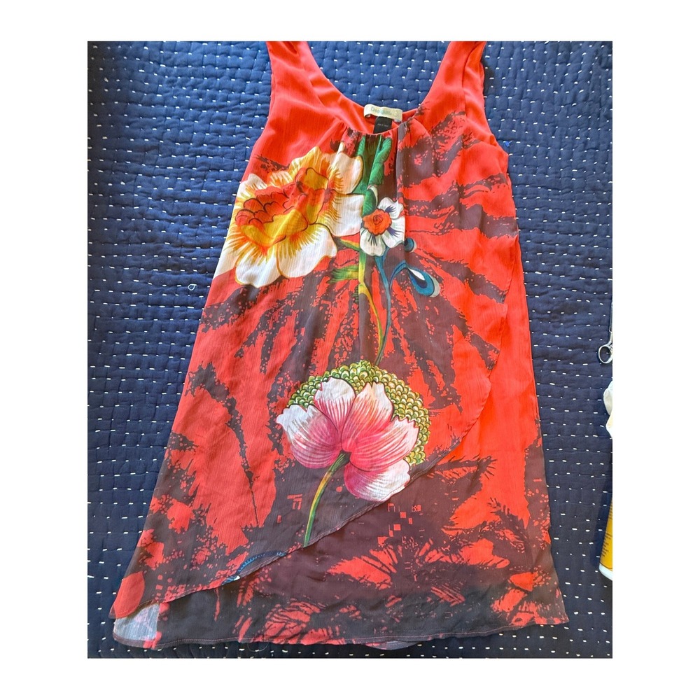 Desigual Red Floral Tulip Hem Sleeveless Layered Dress 40 M